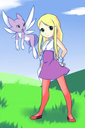 Rule 34 | 1girl, 1other, blonde hair, breasts, cloud, digimon, digimon frontier, drantyno, grass, green eyes, hair ornament, hairclip, hands on own hips, highres, long hair, looking at viewer, orimoto izumi, pantyhose, pink pantyhose, purple skirt, red footwear, shirt, shoes, skirt, sky, sleeveless, sleeveless shirt, small breasts, smile, standing, white shirt, wrist cuffs