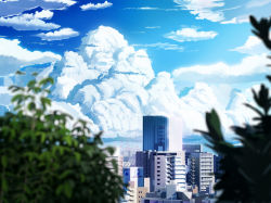 Rule 34 | blue sky, blurry, blurry foreground, building, city, cloud, cloudy sky, commentary request, day, hankachi (okayama012), highres, leaf, no humans, original, outdoors, plant, scenery, sky, skyscraper, summer
