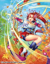 Rule 34 | 1girl, arrow (projectile), bow (weapon), cardfight!! vanguard, cloud, day, japanese clothes, leaf, long hair, maple leaf, matsurika youko, official art, open mouth, orange eyes, ponytail, red hair, regalia of ideas genil, sandals, sky, socks, solo, sparkle, teeth, tiara, tree, weapon