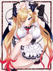 Rule 34 | 1girl, absurdres, alternate costume, arms up, beige background, black border, black footwear, black sleeves, blonde hair, blue eyes, border, breasts, bustier, colored tips, commentary request, demon horns, demon tail, demon wings, detached sleeves, enmaided, frilled sleeves, frills, full body, highres, holding own wrist, hololive, horns, kamiesisyanon, knee up, kneeling, large breasts, legs, lips, long hair, looking at viewer, maid, maid headdress, multicolored hair, pointy ears, simple background, solo, tail, tsurime, very long hair, virtual youtuber, wings, yuzuki choco, yuzuki choco (maid)