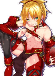 Rule 34 | 1girl, abs, blonde hair, blush, breasts, clothes lift, commentary request, detached sleeves, fate/grand order, fate (series), green eyes, highres, knee up, looking at viewer, mordred (fate), mordred (fate/apocrypha), muscular, muscular female, navel, nipples, ponytail, rama (amaru), shirt lift, sitting, smile, solo