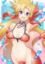 Rule 34 | 1girl, blush, breasts, collarbone, long hair, looking at viewer, marty (mega man), medium breasts, mega man (series), mega man x (manga), mega man x (series), navel, open mouth, purple eyes, smile, solo, tobitori, very long hair