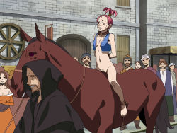 Rule 34 | 2girls, 6+boys, animal, arms behind back, barefoot, bdsm, bondage, bottomless, bound, breasts, dragon quest, dragon quest iii, female pubic hair, horse, humiliation, kizaki, leash, merchant (dq3), multiple boys, multiple girls, naked vest, outdoors, pink hair, pubic hair, public indecency, riding, rope, short hair, slave, small breasts, square enix, vest, volvox