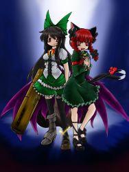 Rule 34 | 2girls, animal ears, ankle lace-up, arm cannon, armor, asymmetrical footwear, bell, black hair, black legwear, bloodycat, blouse, bow, braid, brown eyes, cape, cat ears, cat girl, cat tail, cross-laced footwear, dress, extra ears, fang, female focus, greaves, green dress, green skirt, hair bow, kaenbyou rin, long hair, mary janes, mismatched footwear, multiple girls, multiple tails, open mouth, portal (series), portal 1, red eyes, red hair, reiuji utsuho, ribbon, shirt, shoes, short sleeves, side-by-side, skirt, slit pupils, smile, standing, tail, tail ornament, tail ribbon, thighhighs, third eye, touhou, twin braids, weapon, wings, zettai ryouiki