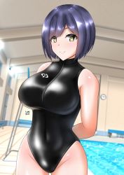 Rule 34 | 1girl, arms behind back, black one-piece swimsuit, blue hair, breasts, competition swimsuit, cowboy shot, dutch angle, front zipper swimsuit, highres, indoors, large breasts, looking at viewer, meme attire, nijisanji, one-piece swimsuit, pool, shizuka rin, short hair, solo, standing, swimsuit, thigh gap, turtleneck, virtual youtuber, yellow eyes, yurizuku owl