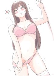 Rule 34 | 1girl, akagi (kancolle), bra, breasts, brown eyes, brown hair, cowboy shot, dutch angle, heart, highres, kantai collection, large breasts, long hair, looking at viewer, panties, panty pull, pink bra, pink panties, simple background, solo, spoken heart, thighhighs, underwear, underwear only, vent arbre, white background, white thighhighs