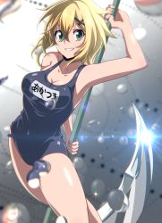 Rule 34 | 1girl, akatsuki kirika, armpits, blonde hair, blue one-piece swimsuit, blush, breasts, cleavage, collarbone, covered navel, female focus, green eyes, highres, looking at viewer, medium breasts, one-piece swimsuit, parted lips, scythe, senki zesshou symphogear, shiny skin, short hair, smile, solo, swimsuit, tanashi (mk2), teeth, translated, weapon
