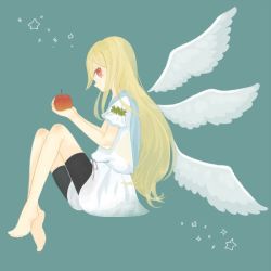 Rule 34 | afuro terumi, androgynous, apple, barefoot, blonde hair, food, fruit, gender request, inazuma eleven, inazuma eleven (series), long hair, rinkoro, sitting, solo, star (symbol), trap, wings