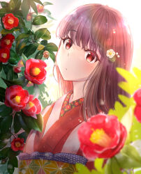 Rule 34 | 1girl, absurdres, blush, brown hair, camellia, expressionless, flower, hair flower, hair ornament, highres, japanese clothes, kimono, led awaame, long hair, looking at viewer, obi, original, red eyes, sash, solo, upper body