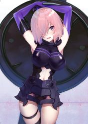 Rule 34 | 1girl, :d, armor, armpits, black thighhighs, blush, breasts, elbow gloves, fate/grand order, fate (series), gloves, hair over one eye, large breasts, leotard, mash kyrielight, medium hair, navel, open mouth, purple eyes, purple gloves, purple hair, shield, smile, solo, thighhighs, yuunagi (seventh heaven)