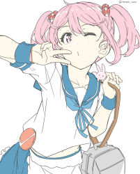 Rule 34 | 1girl, apron, badge, blue sailor collar, blue skirt, frilled apron, frills, hair bobbles, hair ornament, kantai collection, looking at viewer, ninimo nimo, o3o, one-hour drawing challenge, pink eyes, pink hair, rabbit, sailor collar, sazanami (kancolle), sazanami kai (kancolle), school uniform, serafuku, short hair, simple background, skirt, twintails, white apron, white background, wrist cuffs
