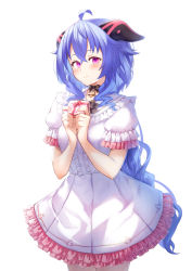 Rule 34 | 1girl, ahoge, alternate costume, blue hair, box, choker, commentary, dress, frilled dress, frills, ganyu (genshin impact), genshin impact, gift, gift box, hair between eyes, highres, holding, holding gift, horns, indonesian commentary, long hair, looking at viewer, purple eyes, rizihike, short sleeves, sidelocks, simple background, smile, solo, valentine, white background, white dress