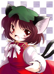Rule 34 | 1girl, animal ears, brown hair, cat ears, cat girl, cat tail, chen, female focus, highres, looking at viewer, multiple tails, open mouth, short hair, smile, solo, tail, touhou, yume shokunin