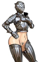 Rule 34 | 1girl, armor, boots, bottomless, breastplate, cleft of venus, covered face, female focus, female knight, female pubic hair, gauntlets, helmet, knight, navel, nisetanaka, original, plate armor, pubic hair, pussy, revealing clothes, simple background, solo, thigh boots, thighhighs, uncensored, white background