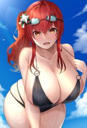 Rule 34 | 1girl, absurdres, azur lane, bad id, bad twitter id, bikini, black bikini, blush, breasts, cleavage, collarbone, curvy, from below, g3 (bitgiii), goggles, goggles on head, hair ornament, hand up, highres, huge breasts, leaning forward, long hair, looking at viewer, one side up, open mouth, red hair, skindentation, sky, solo, strap lift, string bikini, swimsuit, thighs, wide hips, yellow eyes, zara (azur lane), zara (poolside coincidence) (azur lane)