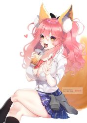 Rule 34 | animal ear fluff, animal ears, black socks, breasts, bubble tea, cleavage, clothes around waist, crossed legs, drinking straw, fangs, fate/grand order, fate (series), fox ears, fox tail, highres, jacket, jacket around waist, kneehighs, large breasts, long hair, miniskirt, official alternate costume, open clothes, open mouth, open shirt, orange eyes, patreon username, pink hair, pinky out, plaid, plaid skirt, school uniform, shirt, sitting, skirt, smile, socks, solo, tail, tamamo (fate), tamamo no mae (jk) (fate), tomathao, tongue, twintails, v, white background, white shirt