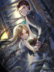 Rule 34 | 1boy, 1girl, ascot, blonde hair, book, brown eyes, brown hair, cowboy shot, doll, dress, embers, fire, gate, green ascot, hair slicked back, highres, holding, holding book, holding doll, identity v, jacket, long hair, looking at viewer, looking back, memory (identity v), mentai shijimi, monocle, orange eyes, orpheus (identity v), pants, parted bangs, parted lips, short hair, sleeve cuffs, sleeveless, sleeveless dress, stitches, sweatdrop, symbol-shaped pupils, white dress, white jacket, white pants, x-shaped pupils