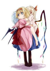 Rule 34 | 3girls, :&lt;, absurdres, alice margatroid, barefoot, bat wings, blonde hair, blue hair, bow, capelet, carrying, dress, facing away, flandre scarlet, from behind, frown, hair bow, hairband, highres, hug, hug from behind, lolita hairband, long sleeves, multiple girls, no headwear, no shoes, pantyhose, piggyback, puffy short sleeves, puffy sleeves, red eyes, remilia scarlet, short hair, short sleeves, side ponytail, simple background, skirt, skirt set, touhou, waira, white background, wings