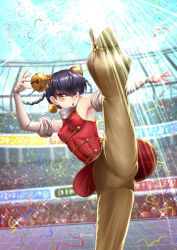 Rule 34 | 1girl, adsouto, armpits, breasts, china dress, chinese clothes, covered navel, double bun, dress, female focus, fighting stance, hair bun, highres, kicking, leg up, lin lin (one-punch man), one-punch man, skin tight, small breasts, solo, stadium, standing, upskirt