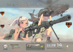 Rule 34 | 2girls, agm-114 hellfire, air-to-surface missile, aircraft, airplane, anti-tank guided missile, anti-tank missile, binoculars, blue eyes, blush, call of duty, call of duty: modern warfare 2, english text, fake screenshot, female focus, gun, hat, helicopter, highres, kneeling, lying, military, military uniform, multiple girls, nep (nep 76), on stomach, outdoors, ponytail, pouch, precision-guided munition, rifle, serious, shell casing, shoes, shorts, sniper rifle, surface-to-surface missile, tank top, uniform, user interface, weapon, white hair