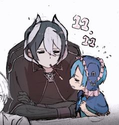 Rule 34 | &gt; &lt;, 1boy, 1girl, black eyes, black hair, black jacket, blue hair, blush, cape, capelet, clenched teeth, crossed arms, dated, flying sweatdrops, food, hair between eyes, half-closed eyes, highres, jacket, jitome, long sleeves, looking at another, made in abyss, maid headdress, maruruk, mi (pic52pic), mouth hold, ozen, pocky, pocky day, pouch, short hair, sketch, sweatdrop, teeth, traditional media, trap, whistle, white hair