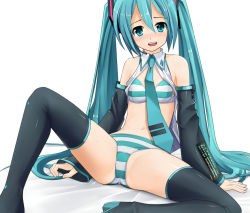Rule 34 | 1girl, aqua eyes, aqua hair, arm support, bad id, bad pixiv id, black thighhighs, blush, boots, bra, detached sleeves, eto, green bra, green panties, hatsune miku, headset, leaning back, lingerie, long hair, necktie, no pants, open clothes, open shirt, panties, shirt, simple background, sitting, solo, spread legs, striped bra, striped clothes, striped panties, sweat, thigh boots, thighhighs, twintails, underwear, underwear only, very long hair, vocaloid, wide spread legs
