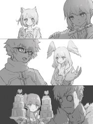 Rule 34 | 3boys, 3girls, 3koma, absurdres, animal ears, cake, cat ears, comic, eunie (xenoblade), flute, food, glasses, greyscale, head wings, highres, instrument, lanz (xenoblade), light blush, looking at another, mio (xenoblade), monochrome, multiple boys, multiple girls, noah (xenoblade), scarf, sena (xenoblade), sweat, taion (xenoblade), takumi (user xmwf4727), valentine, wings, xenoblade chronicles (series), xenoblade chronicles 3