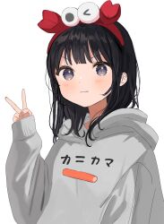 Rule 34 | 1girl, :|, absurdres, black hair, closed mouth, commentary, crab stick, furrowed brow, grey hoodie, hairband, hand up, highres, hood, hoodie, maple (abc2215), original, print sweater, red hairband, sleeves past wrists, solo, sweater, symbol-only commentary, v