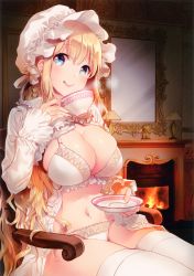 Rule 34 | 1girl, ;q, absurdres, blonde hair, blue eyes, bra, braid, breasts, buttons, chair, cleavage, cropped, cup, desk lamp, drinking, fingernails, fire, fireplace, frilled bra, frilled panties, frilled shirt collar, frills, hair between eyes, hat, highres, holding, holding cup, huge filesize, indoors, lamp, large breasts, long fingernails, long hair, long sleeves, looking at viewer, mirror, mob cap, navel, night, non-web source, one eye closed, open clothes, open shirt, original, otabe sakura, panties, saucer, scan, shiny skin, shirt, side braid, sidelocks, sitting, smile, solo, steam, stomach, tea, teacup, thighhighs, tongue, tongue out, toranoana, underwear, very long hair, white bra, white hat, white panties, white shirt, white thighhighs