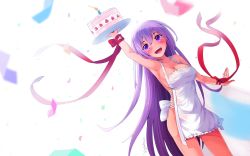 Rule 34 | 10s, 1girl, :d, apron, arm ribbon, arm up, armpits, ass, birthday cake, blurry, blush, breasts, cake, candle, cleavage, collarbone, confetti, depth of field, dutch angle, eyebrows, fire, food, fruit, gj-bu, hair between eyes, highres, long hair, medium breasts, naked apron, open mouth, purple eyes, purple hair, red ribbon, ribbon, smile, solo, standing, strawberry, sumeragi shion, tray, twitter username, very long hair, white background, yokura (yukilina)