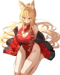 Rule 34 | 1girl, absurdres, animal ear fluff, animal ears, bare legs, bare shoulders, blonde hair, breasts, china dress, chinese clothes, cleavage, cleavage cutout, clenched teeth, clothing cutout, commentary, commission, covered navel, dress, dungeon and fighter, fox ears, frown, gold trim, heart cutout, highres, jacket, k pring, ellin meiji, large breasts, long hair, long sleeves, looking at viewer, no panties, off shoulder, open clothes, open jacket, pelvic curtain, ponytail, red dress, red eyes, red jacket, revision, seiza, simple background, sitting, sleeveless, sleeveless dress, solo, teeth, thighs, very long hair, white background