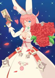 Rule 34 | 1girl, ahoge, arc system works, blue eyes, bouquet, breasts, bridal veil, cleavage, dress, dual wielding, elphelt valentine, female focus, flower, gloves, guilty gear, guilty gear xrd, gun, heart, holding, large breasts, looking at viewer, one eye closed, pink hair, red flower, red rose, ribbon, rose, shiny skin, sizukage, smile, solo, veil, weapon, wedding dress, white dress, wink