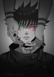 Rule 34 | 2023, 2boys, arm tattoo, buttons, commentary request, dated, extra eyes, facial tattoo, fushiguro megumi, green eyes, hands on another&#039;s face, high collar, highres, jujutsu kaisen, long sleeves, male focus, multiple boys, parted lips, red eyes, ryoumen sukuna (jujutsu kaisen), sato zero915, school uniform, short hair, solo focus, spiked hair, tattoo, yaoi