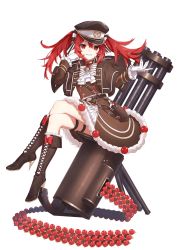 Rule 34 | 1girl, black forest cake (food fantasy), boots, bow, dress, food fantasy, full body, gloves, gun, hair between eyes, hair bow, hat, high heel boots, high heels, highres, long sleeves, looking to the side, official art, pale skin, red eyes, red hair, second-party source, solo, thigh strap, transparent background, twintails, weapon