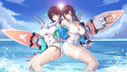 Rule 34 | 2girls, ;), ;o, absurdres, atago (blue oath), black gloves, black hair, blue jacket, blue neckwear, blue oath, breasts, cha hou, cleavage, covered navel, day, dress, gloves, green jacket, highres, jacket, large breasts, long hair, long sleeves, looking at viewer, multiple girls, neckerchief, necktie, ocean, off shoulder, one eye closed, outdoors, red eyes, sailor collar, short hair, side slit, skindentation, sky, smile, sun, takao (blue oath), thighhighs, underbust, very long hair, white dress, white gloves, white legwear, white sailor collar