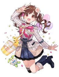Rule 34 | 1girl, balloon, basket, blush, boots, bow, bowtie, brown hair, chain, chiri (ch!), curly hair, doll, dress, fingernails, flower, hair flower, hair ornament, hand up, idolmaster, idolmaster shiny colors, jumping, knee boots, legs up, looking at viewer, multicolored bow, nail polish, pink nails, plaid, plaid dress, single thighhigh, smile, solo, sonoda chiyoko, thighhighs, white background