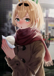 Rule 34 | 1girl, baozi, black hairband, blonde hair, blush, bob cut, brown coat, coat, commentary, convenience store, english commentary, food, green eyes, hair between eyes, hair ornament, hairband, hands up, haro art, holding, holding food, hololive, kazama iroha, leaf hair ornament, long sleeves, looking at viewer, nose blush, open mouth, red scarf, scarf, shop, short hair, sidelocks, solo, steam, virtual youtuber