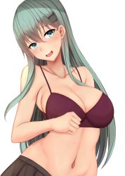 Rule 34 | 1girl, aqua eyes, aqua hair, blush, bra, breasts, brown skirt, chiyo (pk19981234), cleavage, collarbone, hair between eyes, hair ornament, hairclip, kantai collection, large breasts, long hair, looking at viewer, navel, no shirt, open mouth, purple bra, sidelocks, simple background, skirt, smile, solo, stomach, suzuya (kancolle), tongue, underwear, upper body, white background