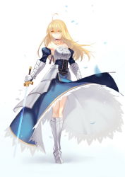 Rule 34 | 1girl, adapted costume, ahoge, armor, armored boots, armored dress, artoria pendragon (all), artoria pendragon (fate), bare shoulders, blonde hair, blue dress, boots, breastplate, breasts, choker, clothes lift, corset, detached sleeves, dress, dress lift, excalibur (fate/stay night), fate/stay night, fate (series), faulds, full body, gauntlets, greaves, green eyes, hair between eyes, highres, holding, holding sword, holding weapon, joseph lee, juliet sleeves, long hair, long sleeves, medium breasts, armored boots, petals, puffy sleeves, saber (fate), simple background, solo, standing, sword, tabard, weapon, white background, wind, wind lift