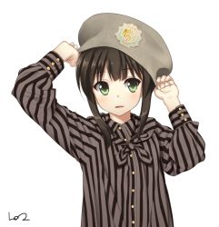 Rule 34 | 10s, 1girl, akai ronii, alternate costume, black hair, blush, casual, fubuki (kancolle), green eyes, hat, kantai collection, long sleeves, looking at viewer, parted lips, shirt, short hair, simple background, solo, striped clothes, striped shirt, upper body, white background