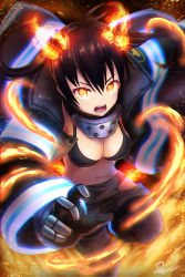 Rule 34 | 1girl, absurdres, baggy pants, bikini, bikini top only, black background, black bikini, black coat, black gloves, black hair, breasts, chromatic aberration, cleavage, coat, commentary request, covered erect nipples, cowboy shot, en&#039;en no shouboutai, fiery ears, fiery tail, fire, gloves, glowing, glowing eyes, grey pants, hair between eyes, highres, hikita reo, hip vent, long hair, long sleeves, looking at viewer, medium breasts, metal gloves, midriff, navel, open clothes, open coat, open mouth, pants, sidelocks, signature, solo, standing, standing on one leg, swimsuit, tail, tamaki kotatsu, teeth, twintails, visor (armor), yellow eyes