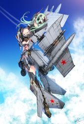 Rule 34 | 1girl, aircraft, airplane, day, fighter jet, flying, green hair, hair over one eye, highres, jet, kws, long hair, mecha musume, military, military vehicle, original, sky, solo