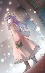 Rule 34 | 1girl, book, bookshelf, boots, crescent, crescent hair ornament, crescent moon, expressionless, frills, full body, hair ornament, hat, highres, light particles, long hair, looking at viewer, looking back, mob cap, moon, pajamas, patchouli knowledge, purple eyes, purple hair, solo, standing, tare nu (usesase), touhou