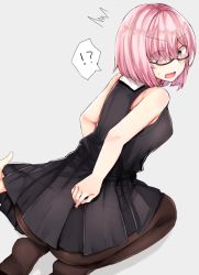 Rule 34 | !?, 1girl, ^^^, ass, assisted exposure, bare shoulders, black dress, black pantyhose, blush, clothes lift, covering privates, covering ass, dress, dress lift, embarrassed, eyes visible through hair, fate/grand order, fate (series), glasses, hair over one eye, jacket, unworn jacket, jirou (tamaho39), kneeling, looking back, mash kyrielight, no shoes, pantyhose, purple eyes, purple hair, short hair, simple background, solo, surprised, sweatdrop, wavy mouth