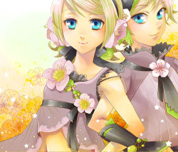 Rule 34 | 1boy, 1girl, alternate costume, bad id, bad pixiv id, blonde hair, blue eyes, brother and sister, flower, kagamine len, kagamine rin, lipstick, locked arms, makeup, midriff, navel, plum blossoms, siblings, smile, strap slip, toba k, twins, vocaloid