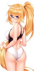 Rule 34 | 1girl, absurdres, ass, back, bare shoulders, black one-piece swimsuit, blonde hair, blue eyes, blush, breasts, competition swimsuit, fate/grand order, fate (series), glasses, highres, jeanne d&#039;arc (fate), jeanne d&#039;arc (ruler) (fate), jeanne d&#039;arc (swimsuit archer) (fate), jeanne d&#039;arc (swimsuit archer) (second ascension) (fate), large breasts, long hair, looking at viewer, looking back, one-piece swimsuit, ponytail, shouu-kun, simple background, swimsuit, two-tone swimsuit, very long hair, white background, white one-piece swimsuit