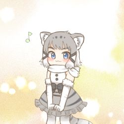 Rule 34 | 1girl, 2chaton2, :3, animal ears, bad id, bad twitter id, black bow, blue eyes, blush, bow, cat ears, cat tail, commentary request, elbow gloves, gloves, gradient hair, grey hair, grey skirt, kemono friends, looking at viewer, lowres, multicolored hair, musical note, pallas&#039;s cat (kemono friends), scarf, skirt, smile, solo, tail, white hair, white scarf, aged down