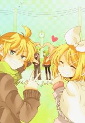 Rule 34 | 2boys, 2girls, blonde hair, boots, bow, brother and sister, clock, family, gender request, genderswap, green hair, gumi, gumiya, heart, kagamine len, kagamine rin, multiple boys, multiple girls, noki (potekoro), outdoors, scarf, short hair, siblings, sisters, twins, vocaloid