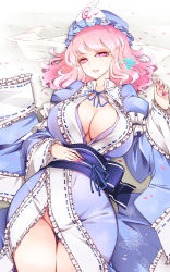 Rule 34 | 1girl, absurdres, animal print, blue hat, blue kimono, breasts, butterfly print, cleavage, collarbone, cowboy shot, frilled kimono, frills, groin, hat, highres, japanese clothes, kimono, large breasts, long sleeves, mob cap, open mouth, pink eyes, pink hair, raptor7, revision, saigyouji yuyuko, short hair, solo, touhou, triangular headpiece, wide sleeves