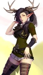 Rule 34 | 1girl, absurdres, antlers, asymmetrical hair, belt, black hair, bracer, breasts, commentary, commission, cowboy shot, english commentary, green eyes, hand in own hair, hand on own hip, hand up, highres, horns, long hair, long pointy ears, looking at viewer, maewix (artist), medium breasts, original, parted lips, pointy ears, ponytail, short sleeves, simple background, single bracer, solo, thighhighs, zettai ryouiki